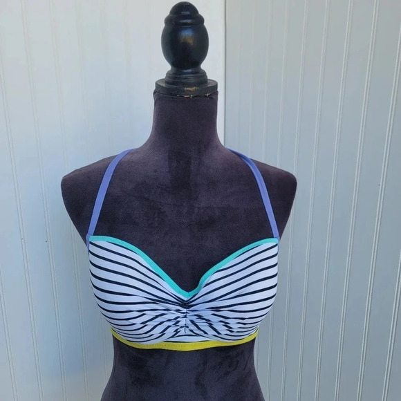 Victoria's Secret 32DDD Swim BIKINI Bandeau Black White Colorblock Striped 84Z - Picture 1 of 11